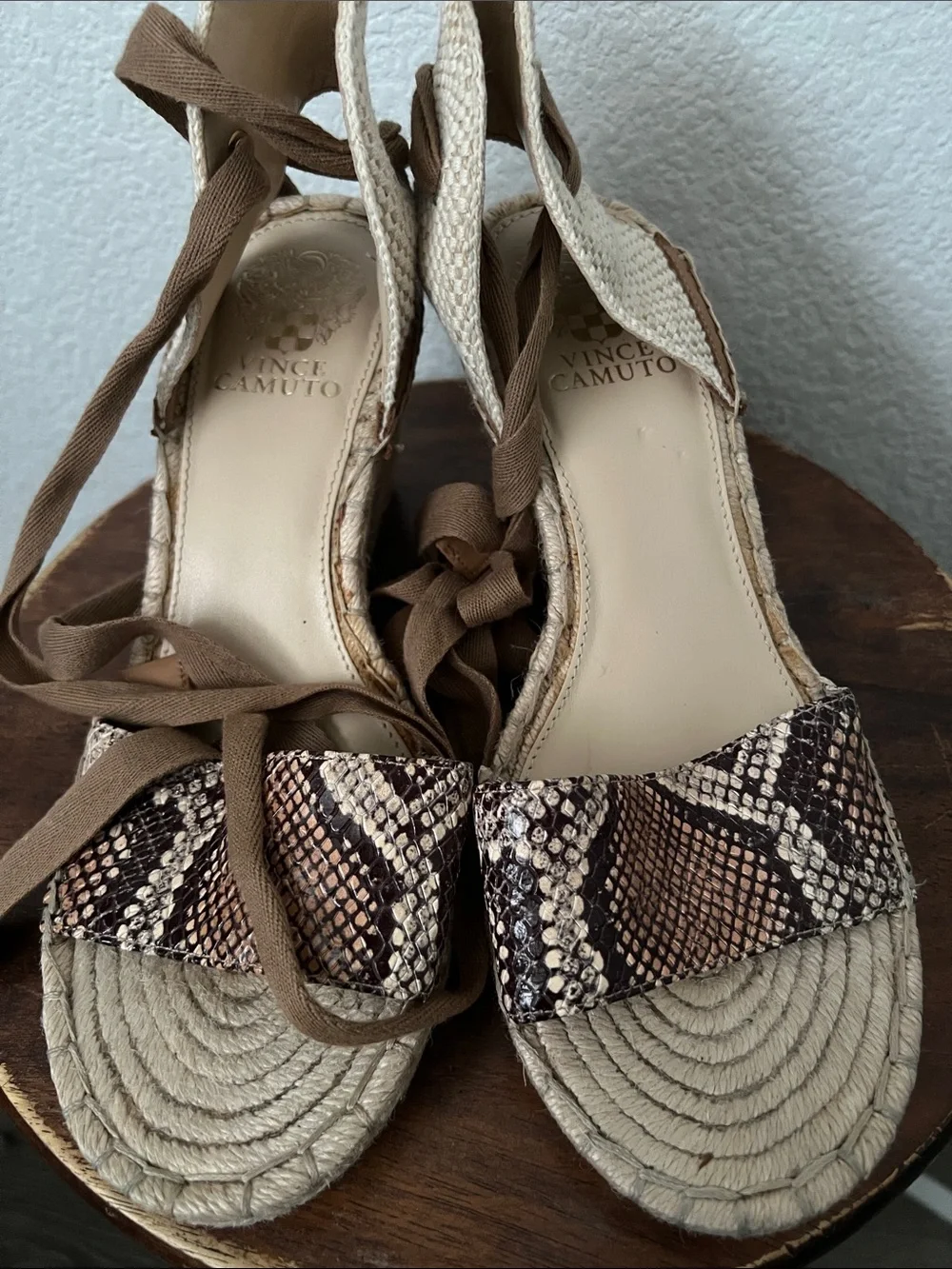 Vince Camuto Brown Snake-Print Espadrille Wedge Sandals with Cream Jute